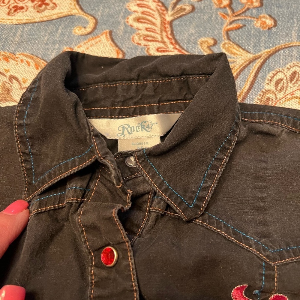 Little Girls Sz M Rock 47 Black and Pink long sleeved  Snap Front Western Shirt - Picture 6 of 10
